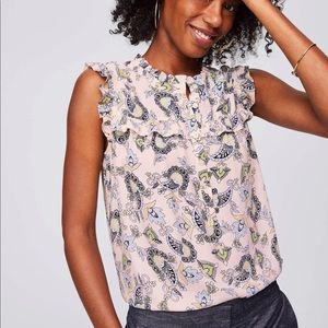LOFT Pink Paisley Ruffle Henley Top NWT